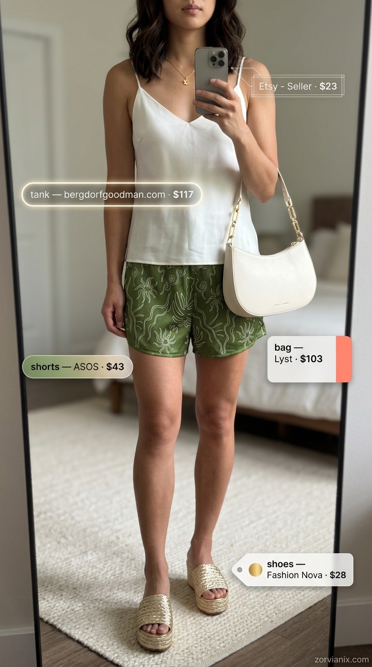 Resort lunch glam outfit for women summer 2026. Tropical print shorts, camisole, and espadrille wedges for vacation.