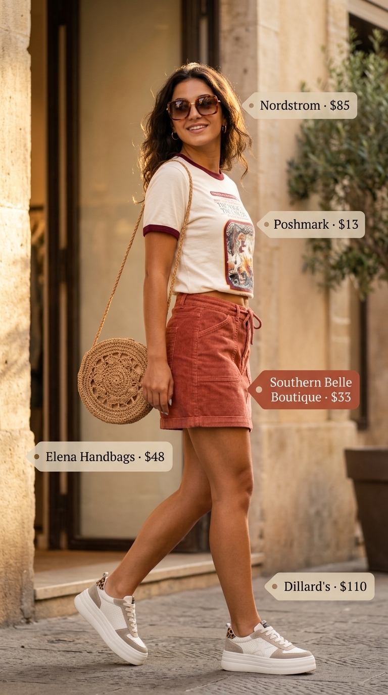 Burnt orange corduroy shorts, graphic tee, platform sneakers. Short outfits for women summer 2026 retro pool.