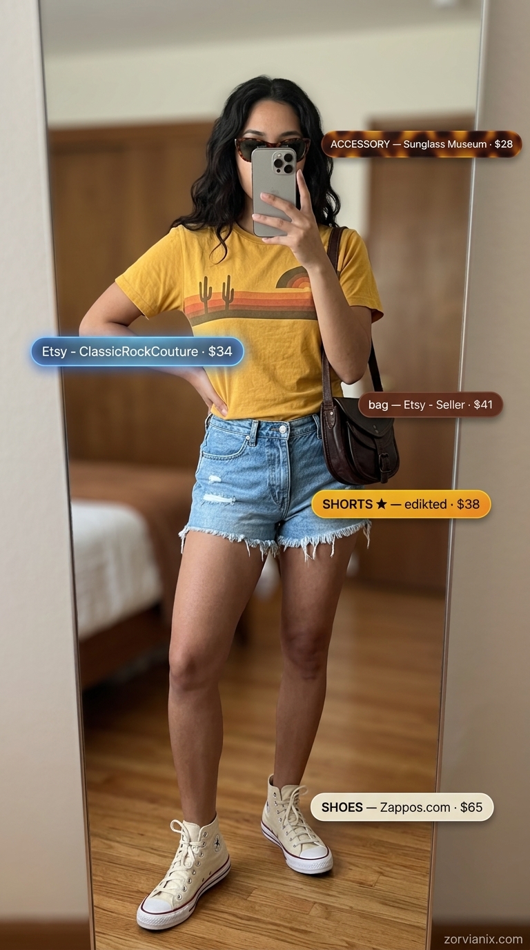 Retro road trip outfit for women summer 2026. Light wash distressed shorts, graphic tee, and saddle bag for vintage vibes.