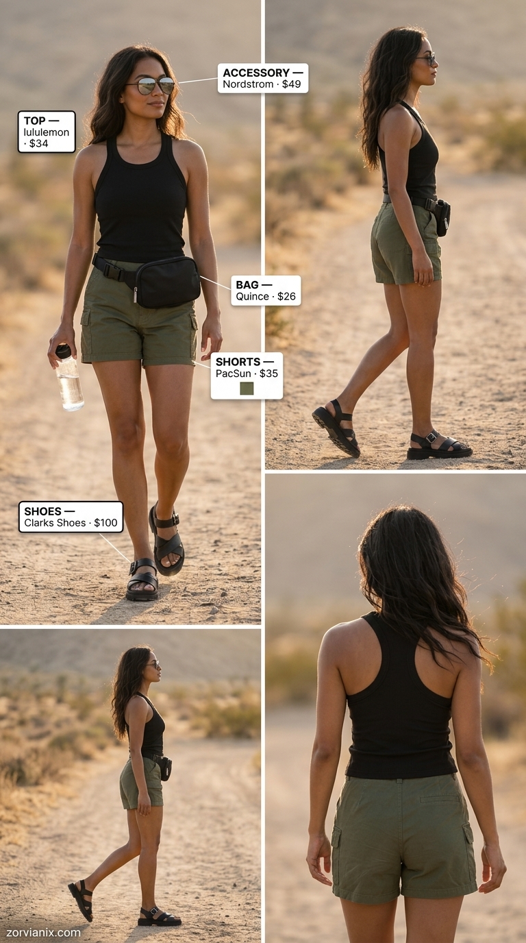 Safari adventure outfit for women summer 2026. Khaki cargo shorts, black tank, and sandals for outdoor fun.