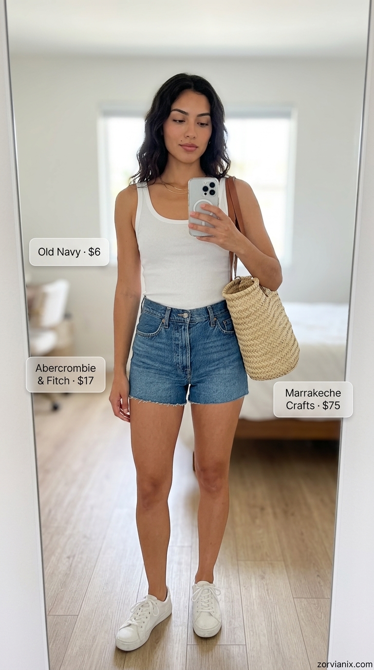 Seaside serenity outfit for women summer 2026. White denim shorts, oversized shirt, and straw tote for beach days.