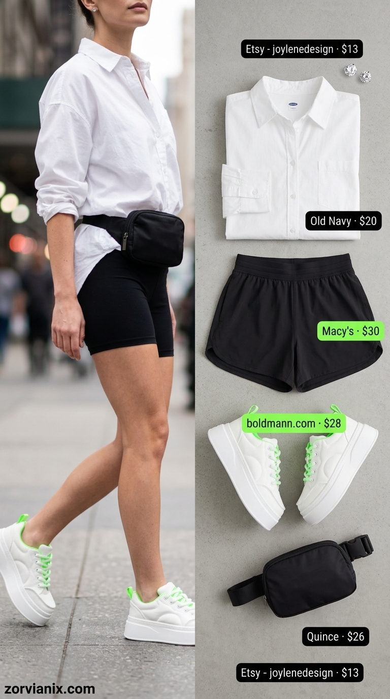 Sporty black shorts, oversized white shirt, neon sneakers. Short outfits for women summer 2026 for errands.