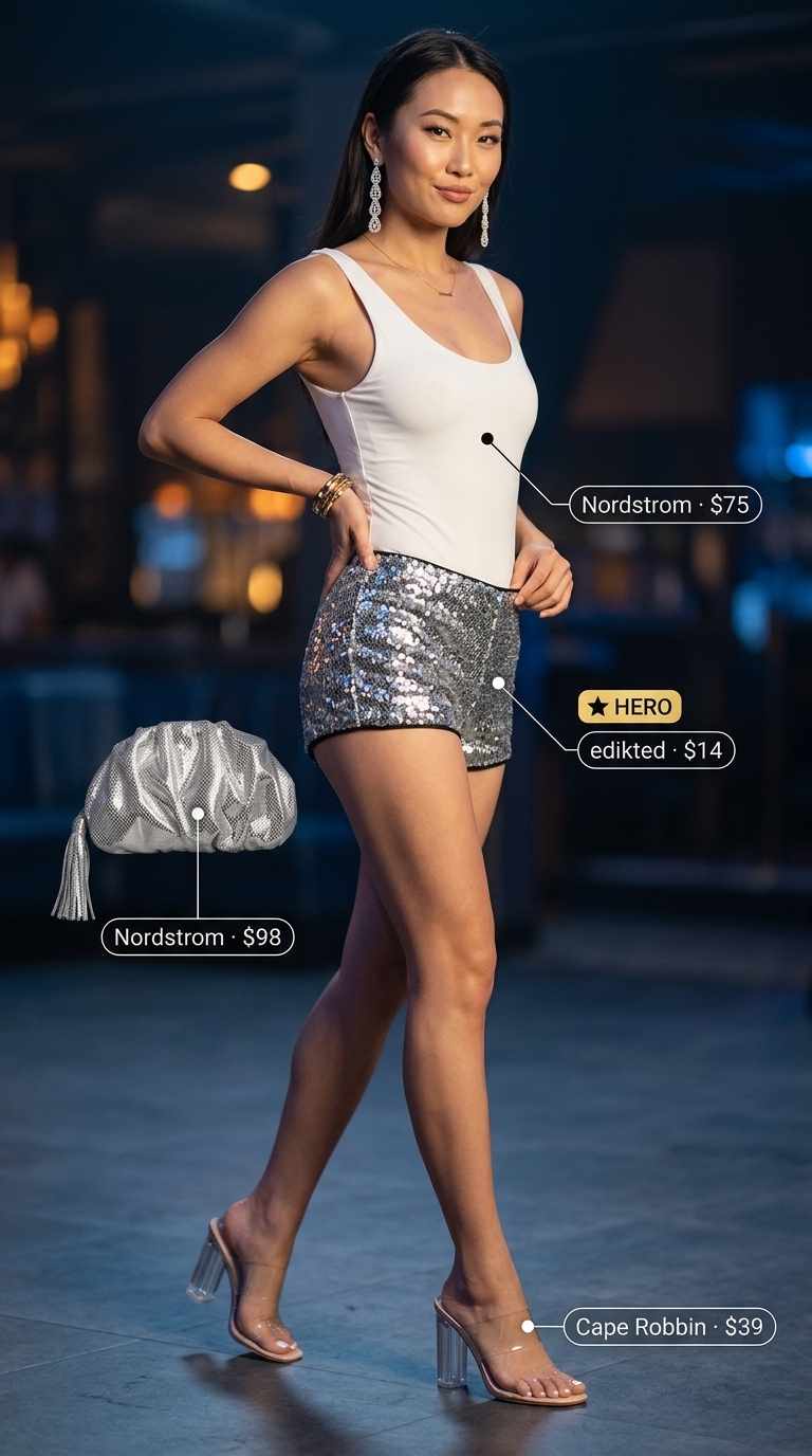 Glamorous short outfits for women summer 2026: Iridescent sequin shorts, white bodysuit, silver drop earrings.