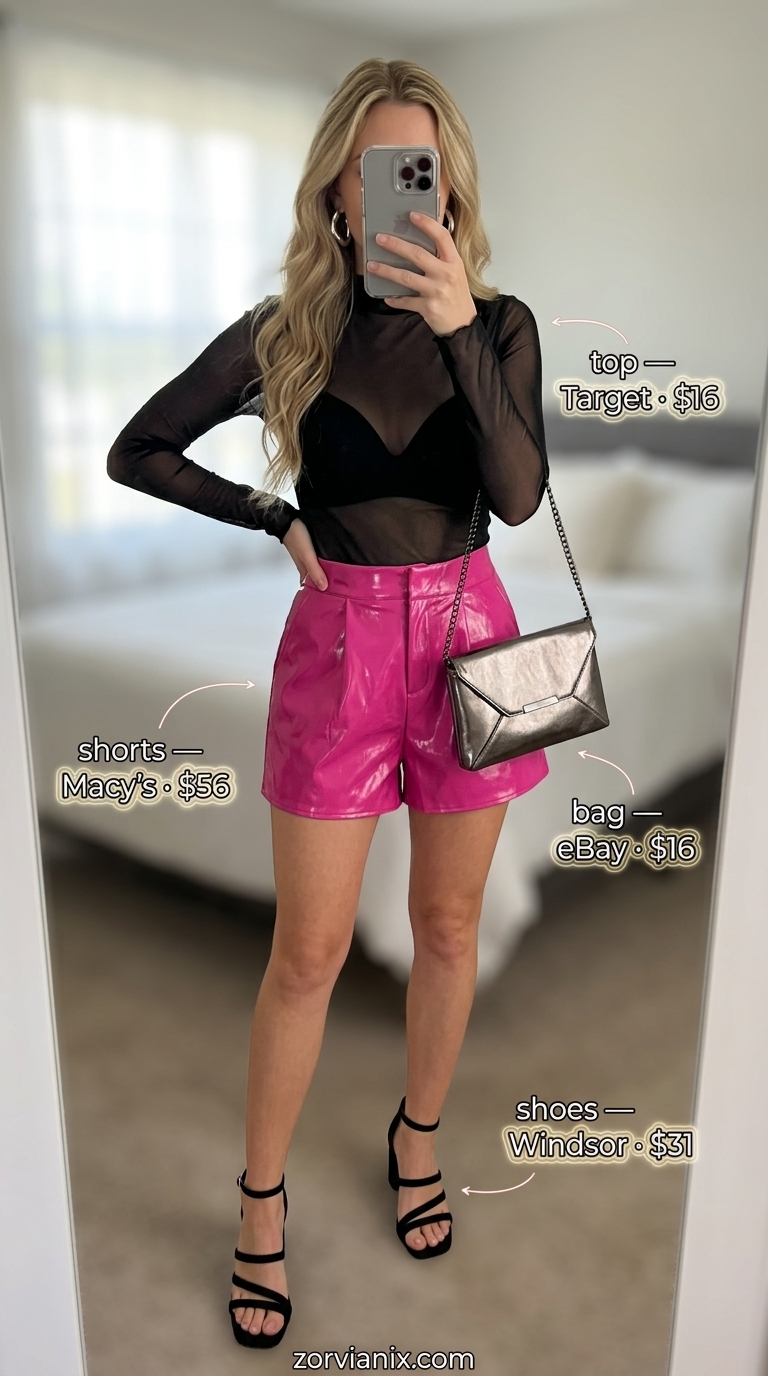 Sunset soiree outfit for women summer 2026. Fuchsia faux leather shorts, sheer black top, and metallic clutch for date night.