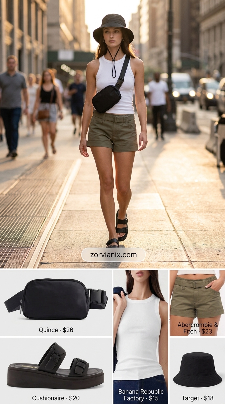 Street style short outfits for women summer 2026: Olive cargo shorts, white ribbed tank, platform sandals.