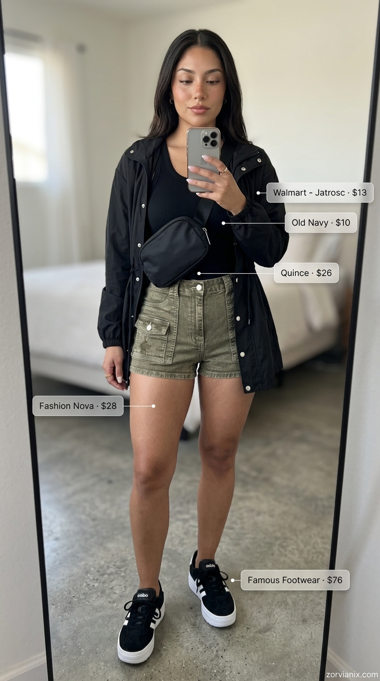 Urban safari outfit for women summer 2026. Olive green cargo shorts, utility jacket, and chunky sneakers for city exploration.