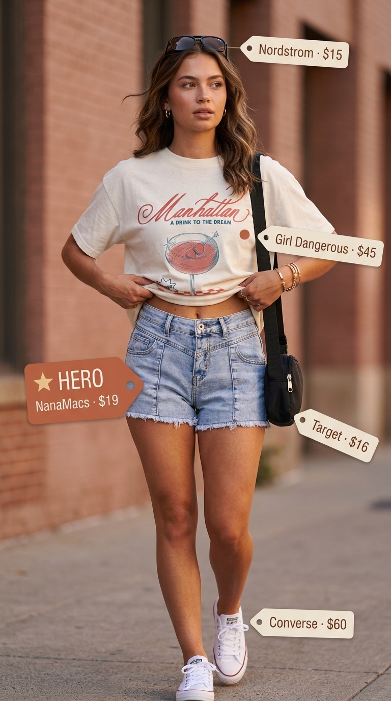 Casual short outfits for women summer 2026: Distressed denim shorts, oversized graphic tee, canvas sneakers.