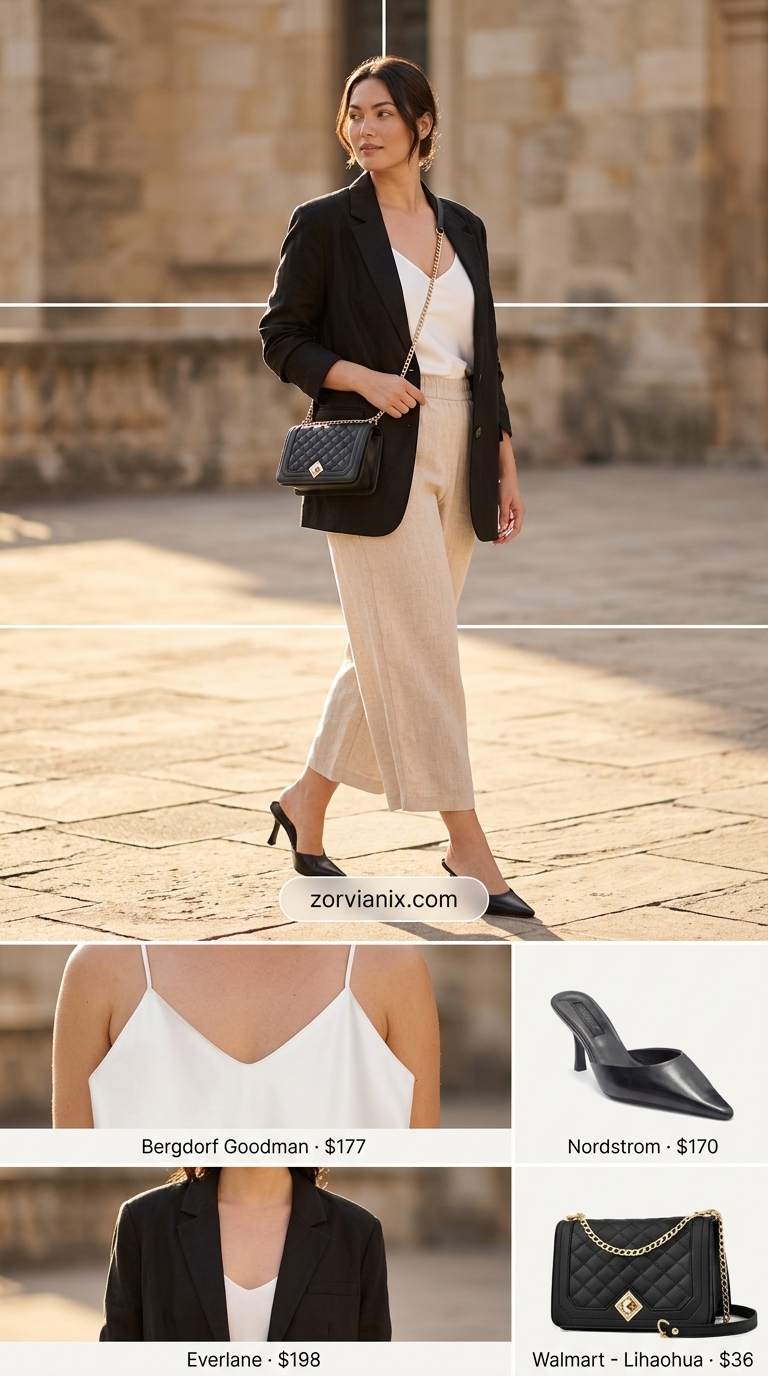 Simple every day summer outfits for women 2026: Beige cropped trousers, white silk cami, and black blazer for business casual.