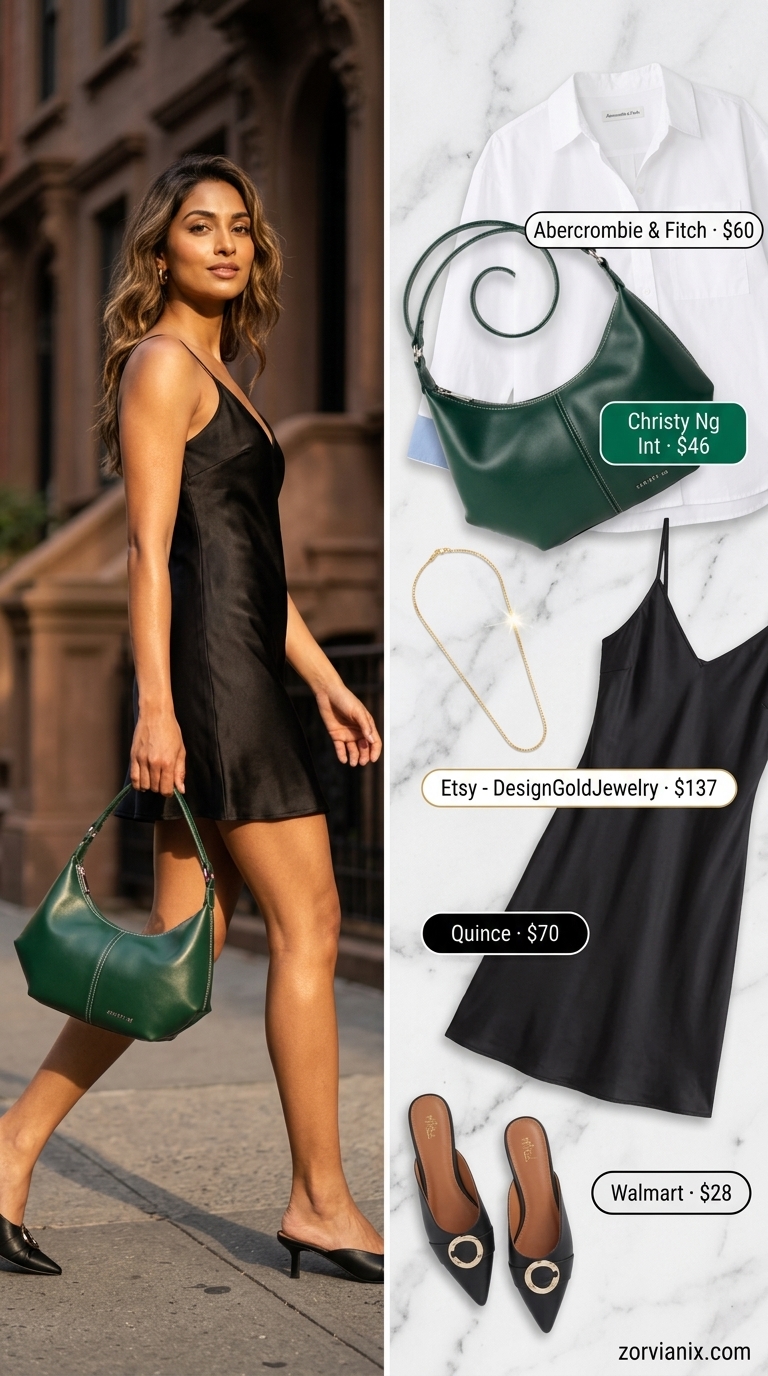 Simple every day summer outfits for women 2026: Black slip dress, emerald bag, and oversized white shirt for a casual date night.