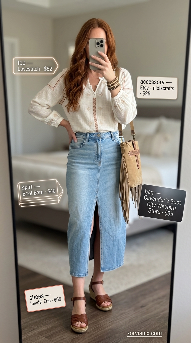 Denim skirt & peasant blouse: Simple every day summer outfits for women 2026. Boho festival style.