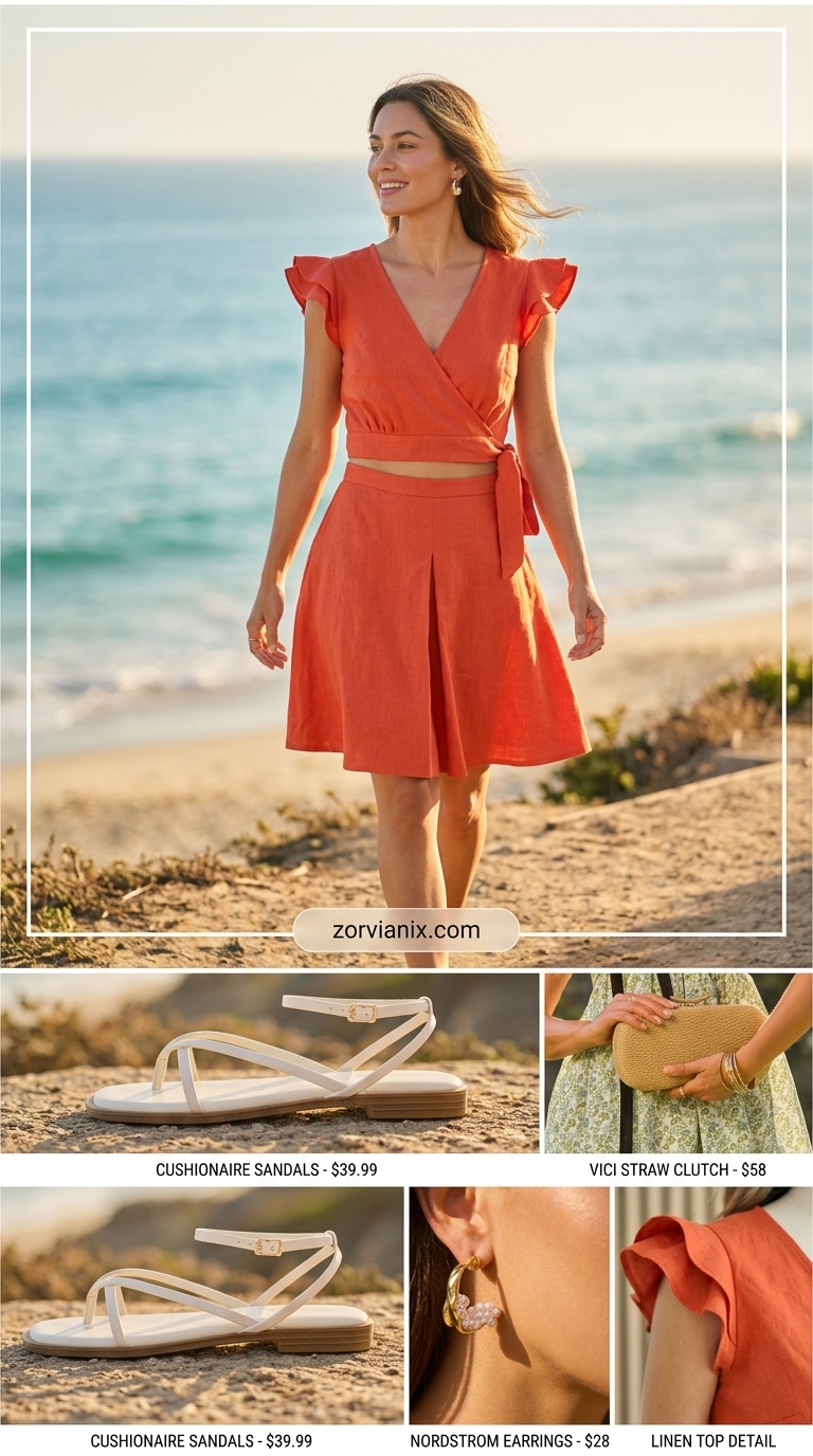 Coral linen matching set: Simple every day summer outfits for women 2026. Vibrant resort wear style.
