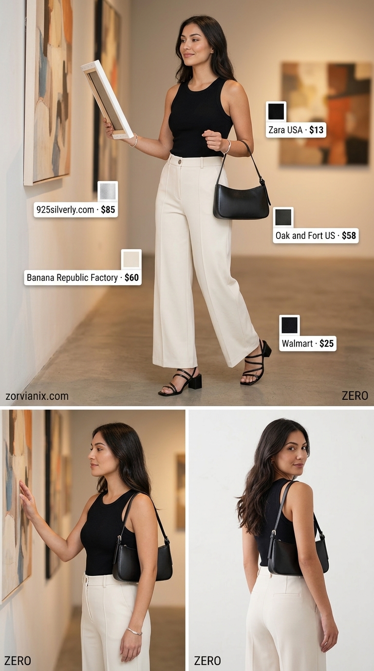Simple every day summer outfits for women 2026: Cream wide-leg pants, black knit top, and block heels for gallery hopping.