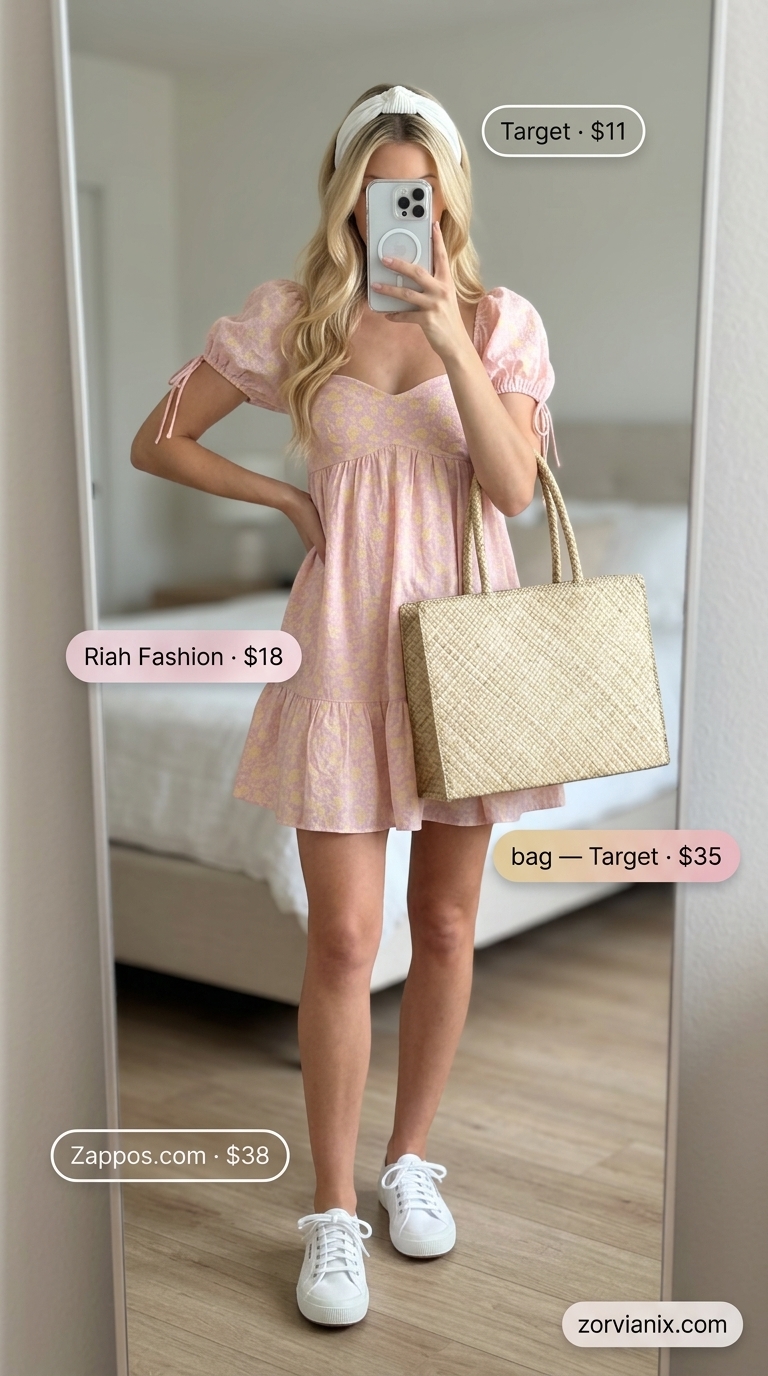 Pink floral sundress: Simple every day summer outfits for women 2026. Sweet picnic in the park look.