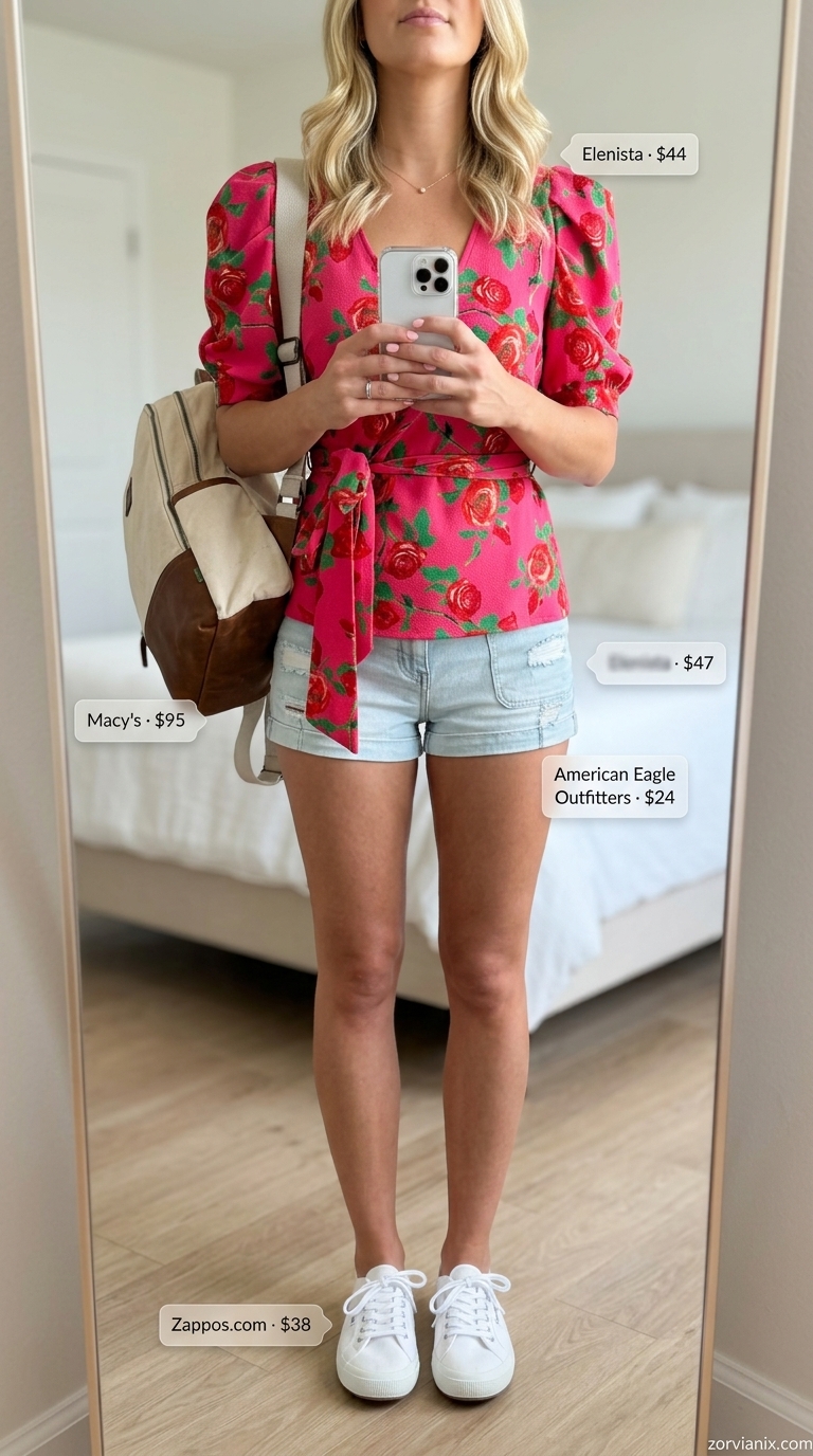 Simple every day summer outfits for women 2026: Pink floral wrap top, denim shorts, and canvas sneakers for a park picnic.