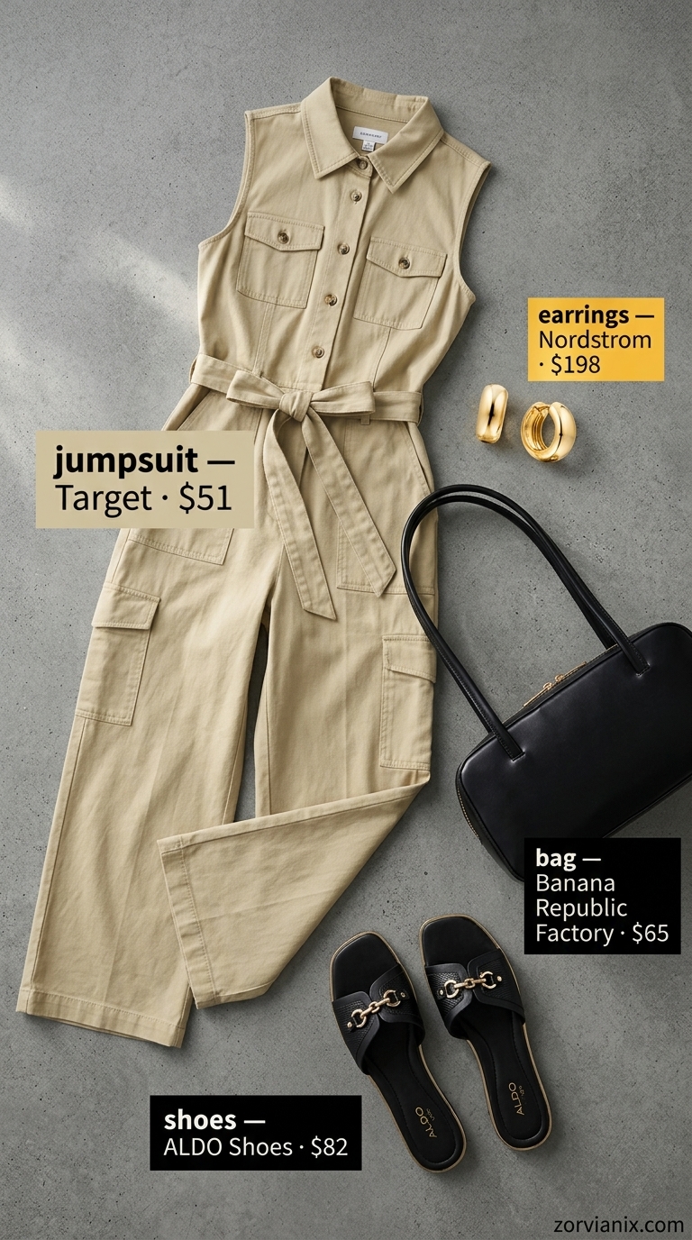 Effortless khaki utility jumpsuit with black sandals for simple every day summer outfits for women 2026. Modern and polished.
