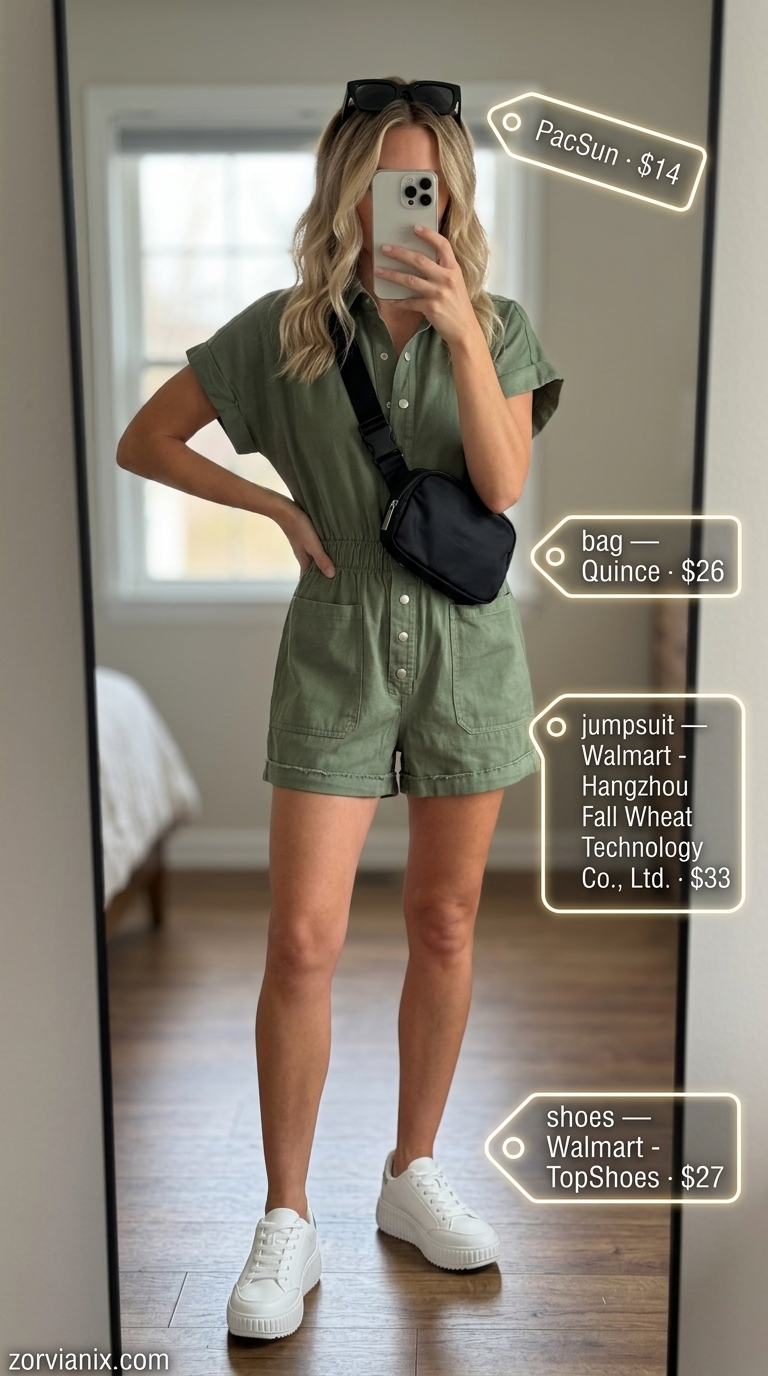 Simple every day summer outfits for women 2026: Khaki utility jumpsuit, platform sneakers, and crossbody bag for weekend adventure.