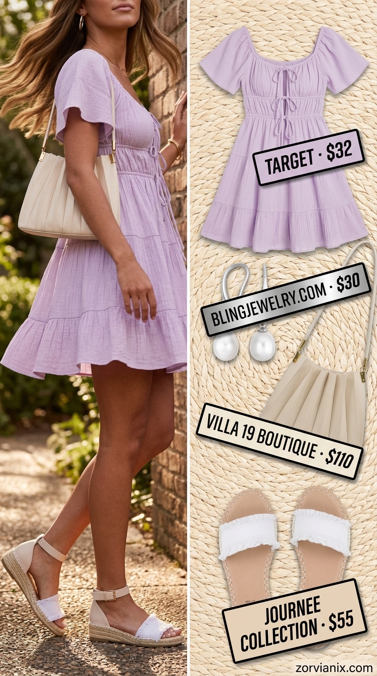 Romantic garden stroll lavender sundress with espadrille sandals for simple every day summer outfits for women 2026. Feminine and whimsical.