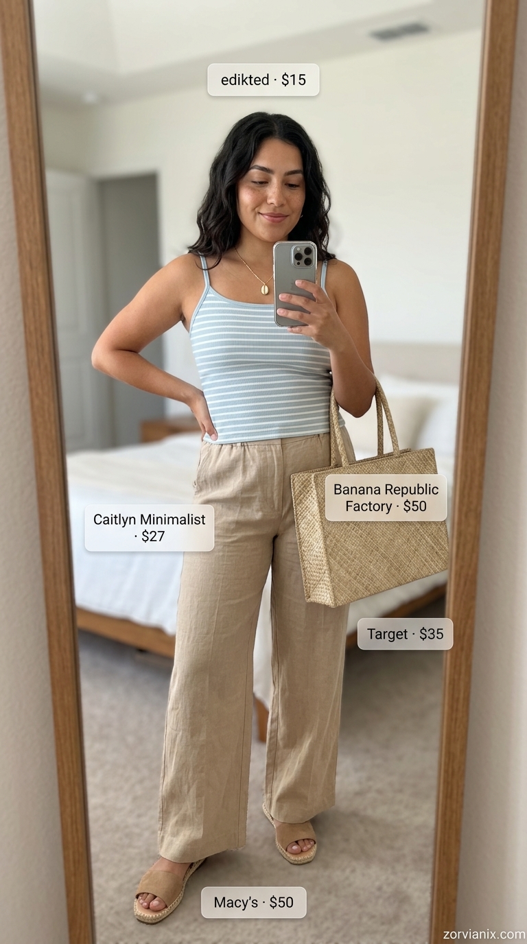 Coastal morning breeze outfit with off-white linen pants and blue striped tank for simple every day summer outfits for women 2026.