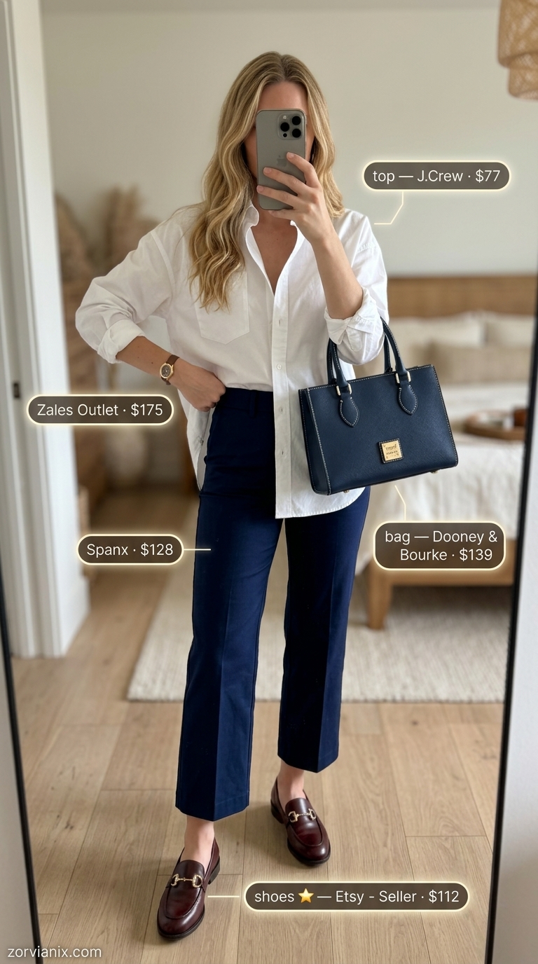 Sophisticated summer Friday outfit with navy wide-leg pants and white shirt for simple every day summer outfits for women 2026.