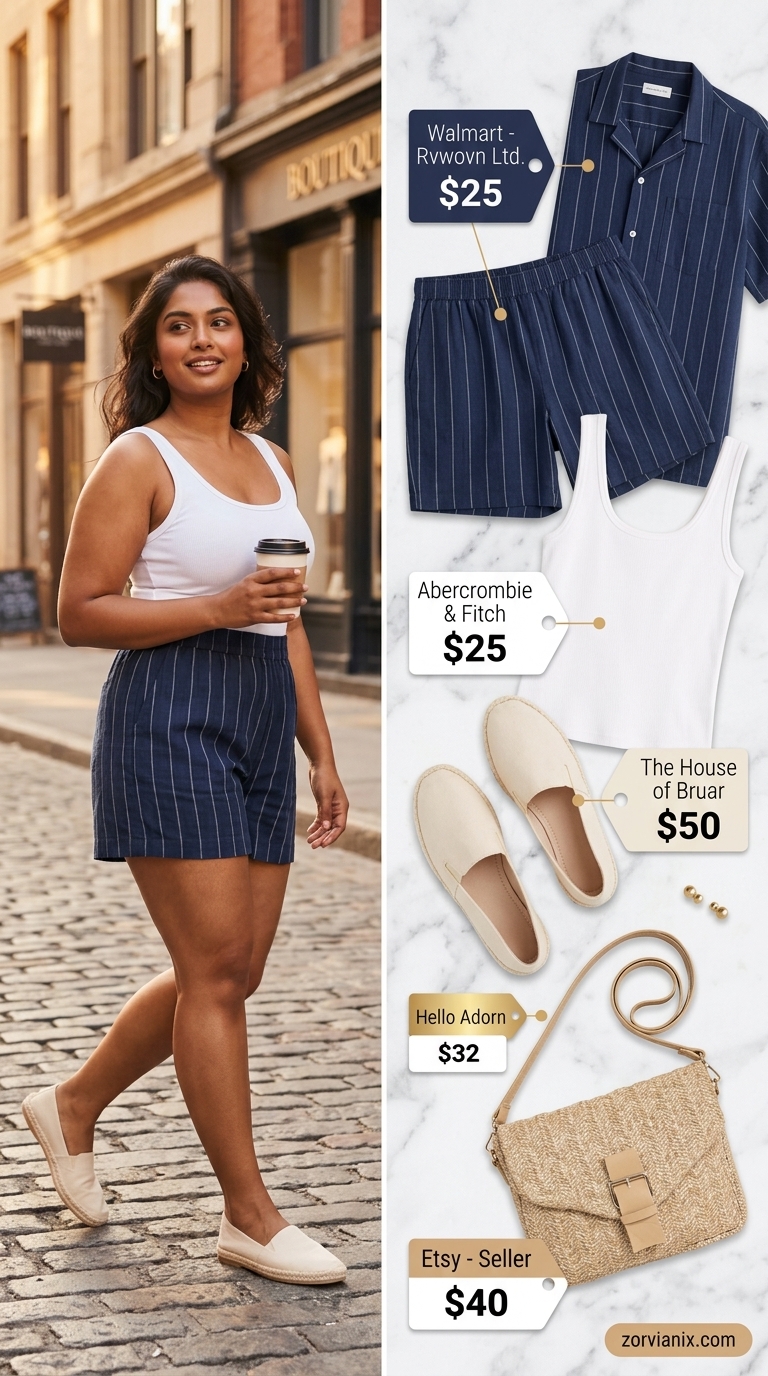 Simple every day summer outfits for women 2026: Navy stripe linen set, white tank, and espadrille loafers for a coffee run.
