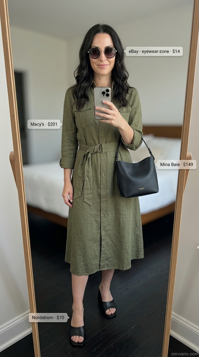 City safari chic olive green shirt dress with black sandals for simple every day summer outfits for women 2026. Polished and practical.