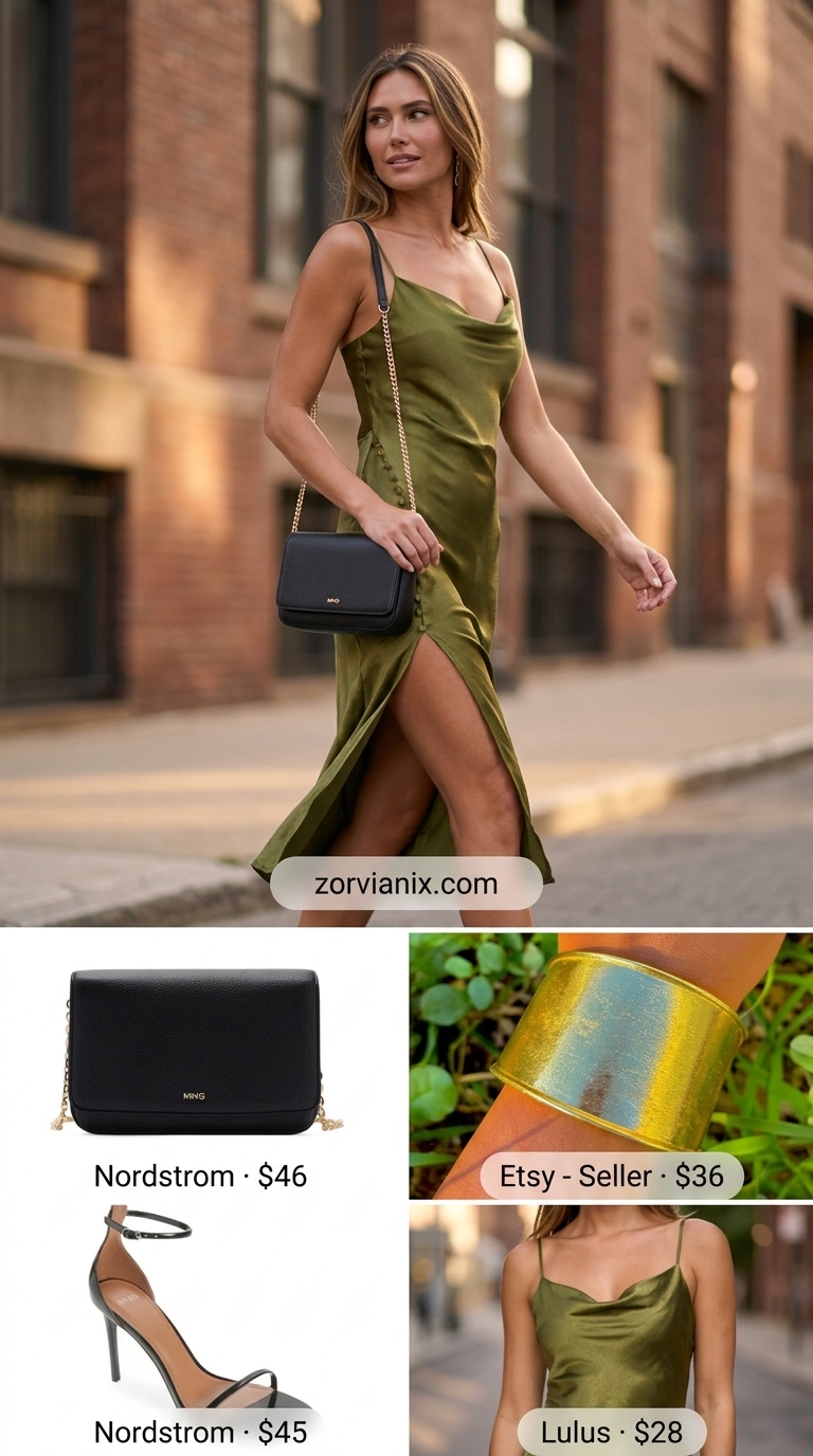 Effortless evening glamour olive green slip dress with strappy heels for simple every day summer outfits for women 2026. Sleek and sensual.
