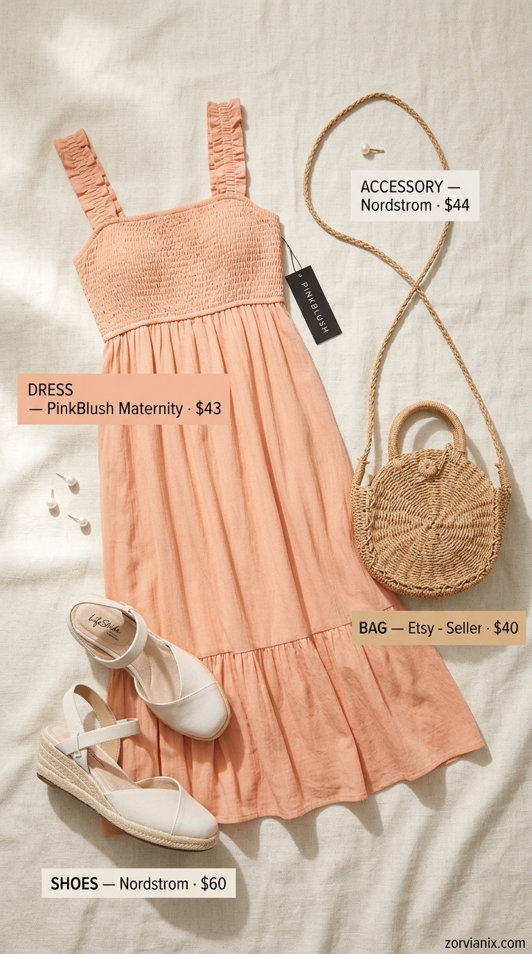 Simple every day summer outfits for women 2026: Peach cotton midi dress, espadrilles, and straw bag for a brunch date.
