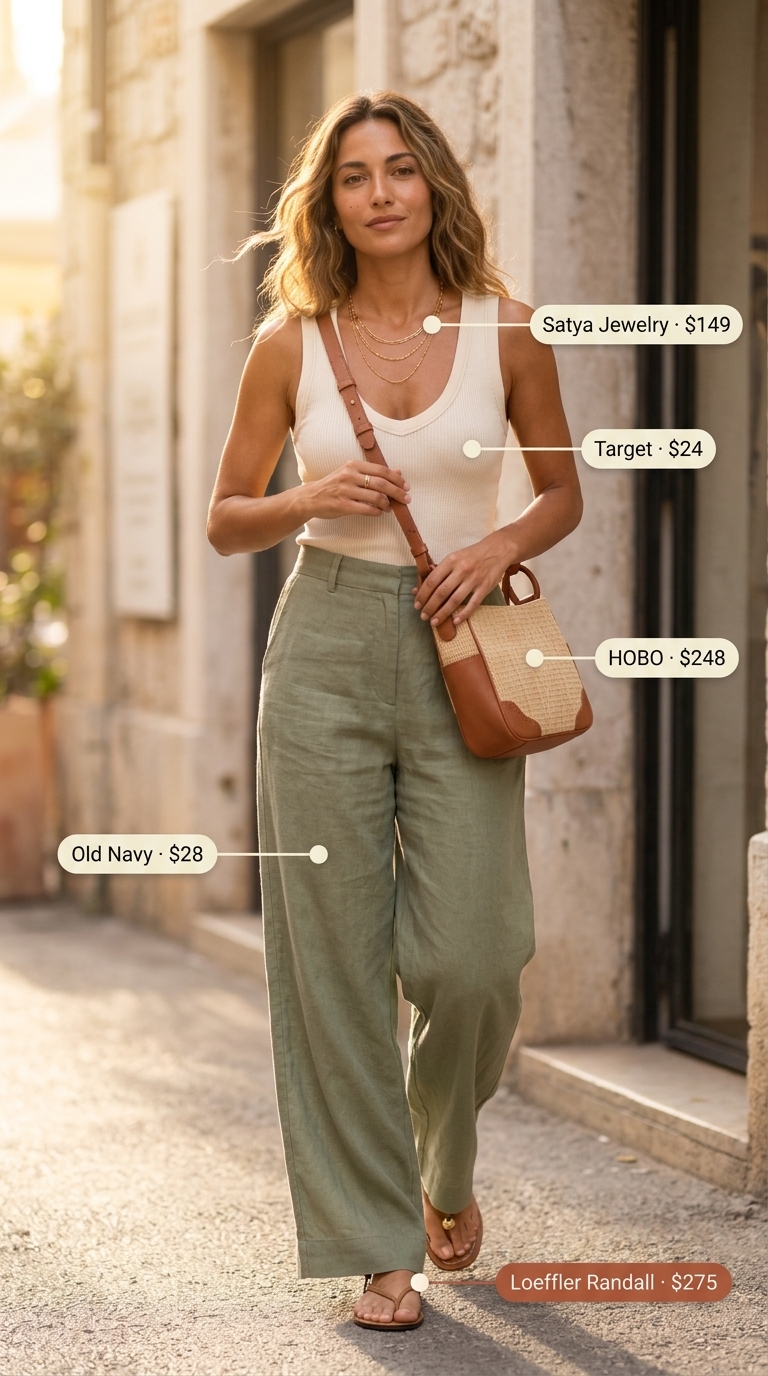 Simple every day summer outfits for women 2026: Sage green linen pants, cream tank, and layered gold necklaces for a boardwalk stroll.