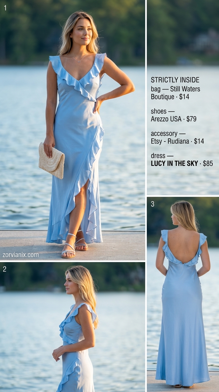 Simple every day summer outfits for women 2026: Sky blue maxi dress, metallic sandals, and straw clutch for a lakeside getaway.