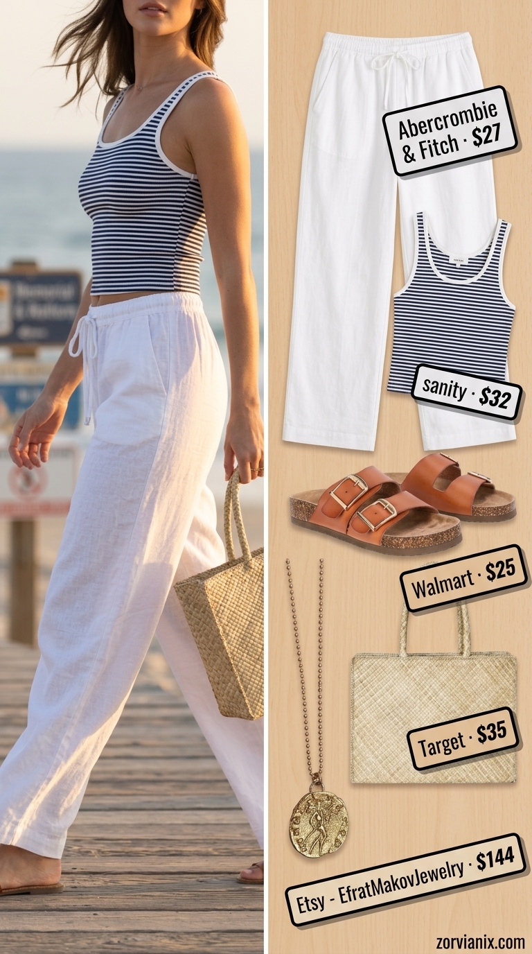 Boardwalk breeze outfit with white linen pants and navy stripe tank for simple every day summer outfits for women 2026. Coastal chic.