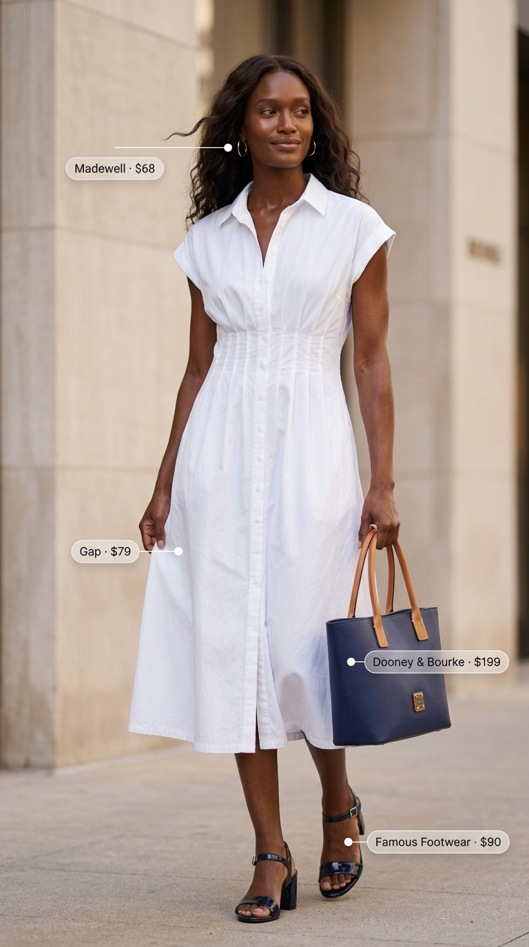 White linen shirtdress: Simple every day summer outfits for women 2026. Polished city lunch style.