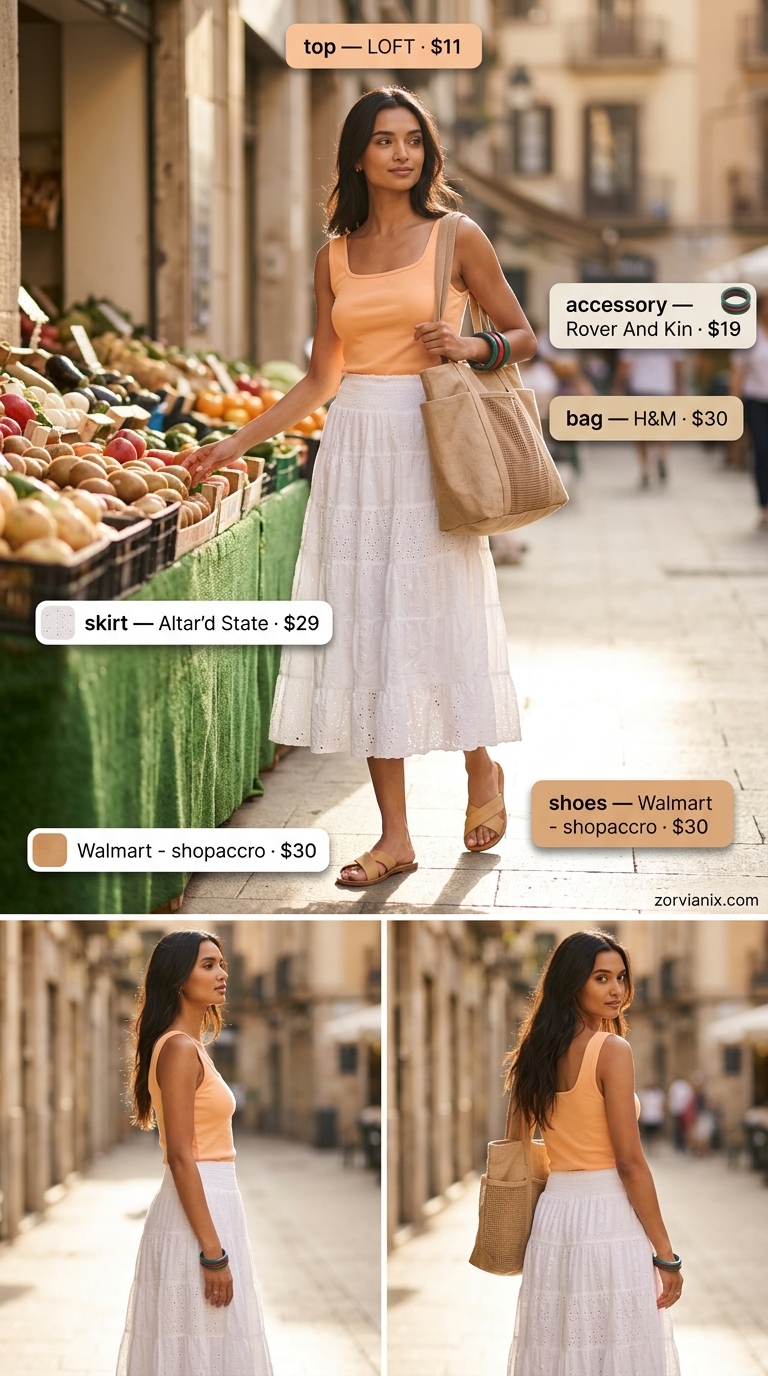 White tiered skirt: Simple every day summer outfits for women 2026. Whimsical farmers market look.