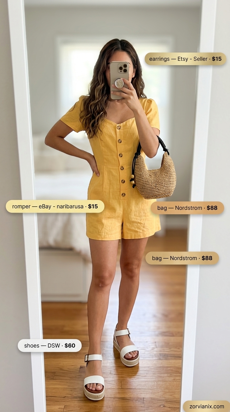Pale yellow romper: Simple every day summer outfits for women 2026. Playful and sweet for casual days.