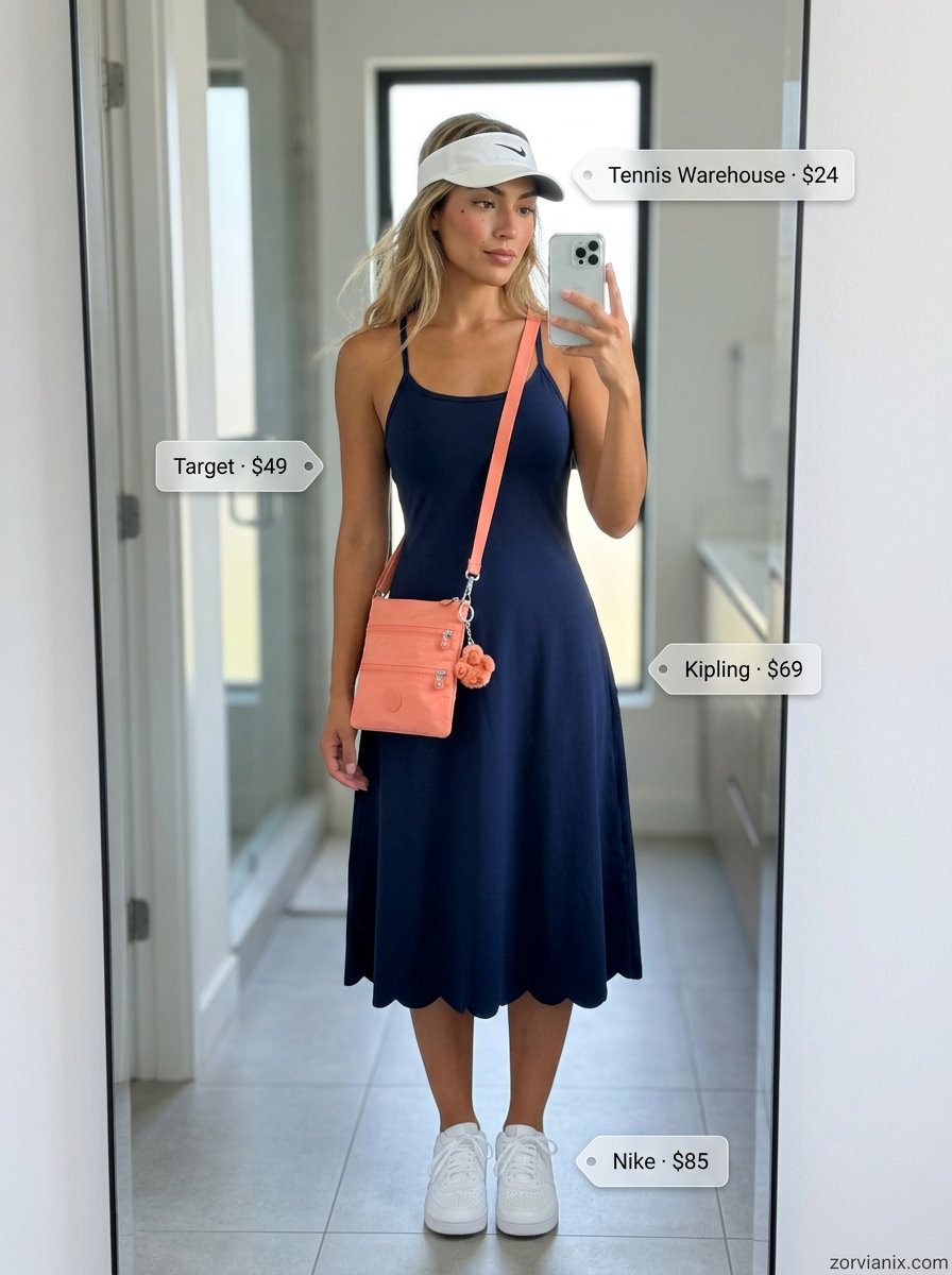 Sporty chic summer outfits for women 2026: Navy athletic dress, white visor, tennis sneakers, and coral bag.