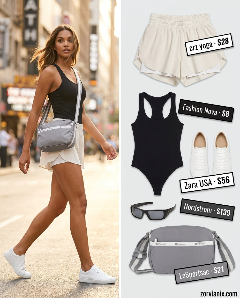 Sporty chic summer outfits for women 2026: Black bodysuit, flowy shorts, white sneakers, and crossbody bag.