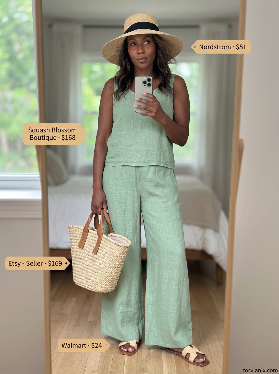 Sporty chic summer outfits for women 2026: Sage green linen set, straw hat, sandals, and tote bag.