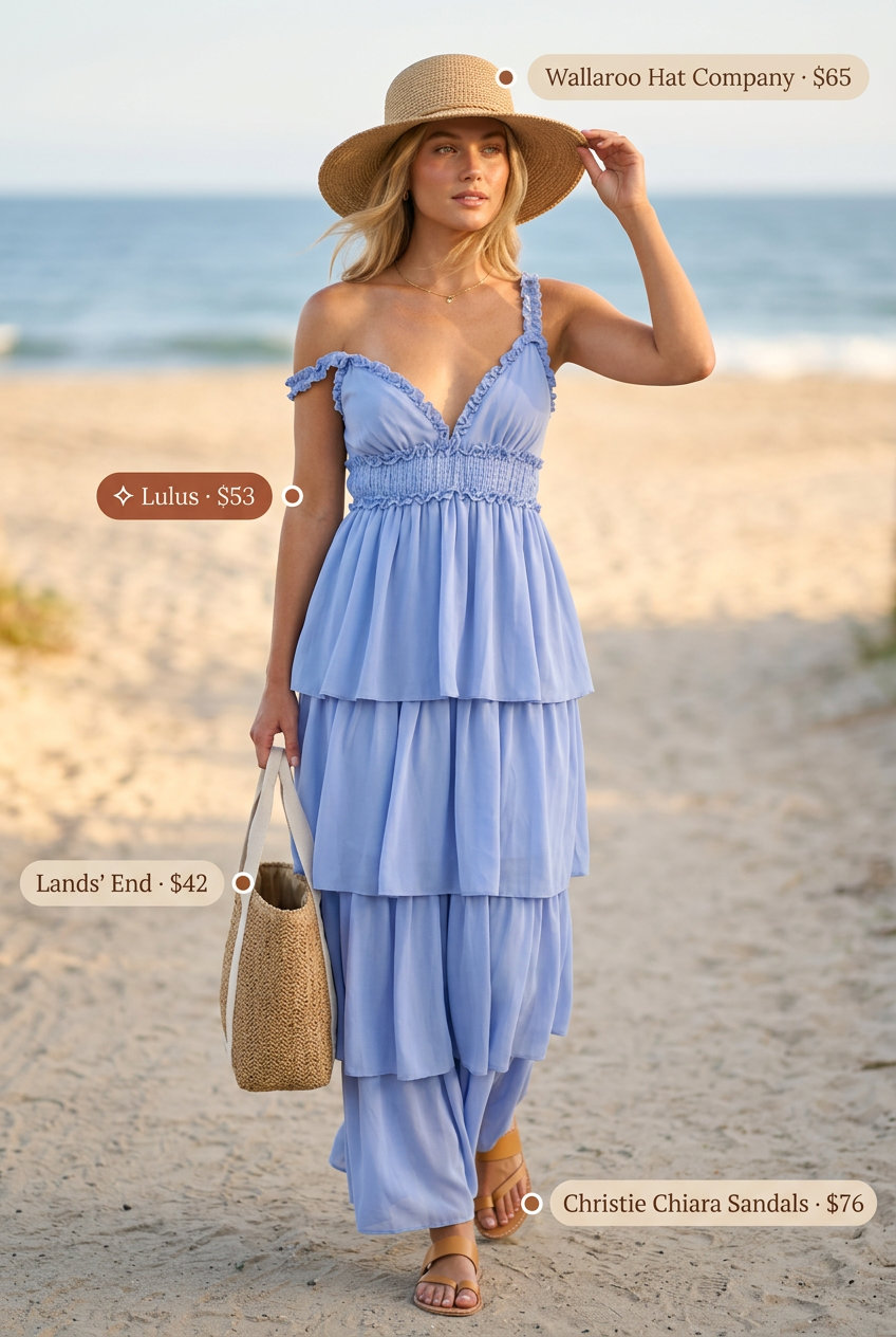 Sporty chic summer outfits for women 2026: Sky blue maxi dress, straw hat, and tan sandals for beach day.