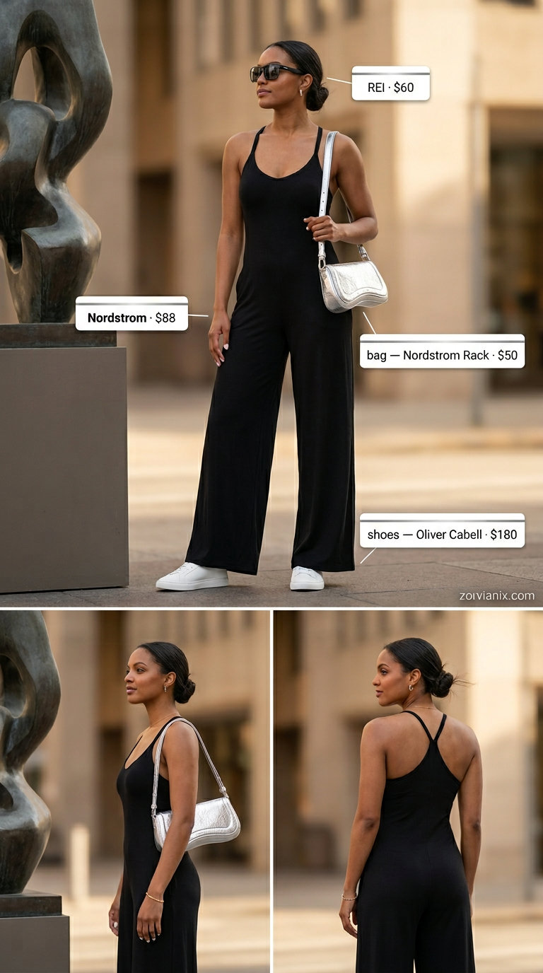 Sporty chic summer outfits for women 2026: Black athletic jumpsuit, white sneakers, and metallic crossbody.