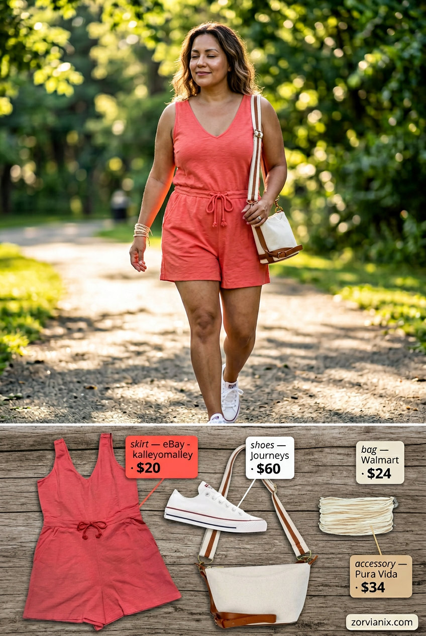 Sporty chic summer outfits for women 2026: Coral romper, white sneakers, and canvas crossbody bag.