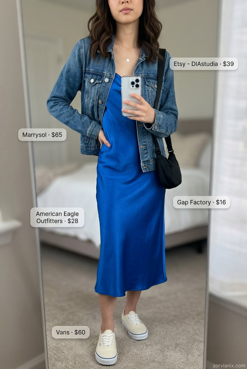 Sporty chic summer outfits for women 2026: Cobalt slip dress, denim jacket, white sneakers, and crossbody.