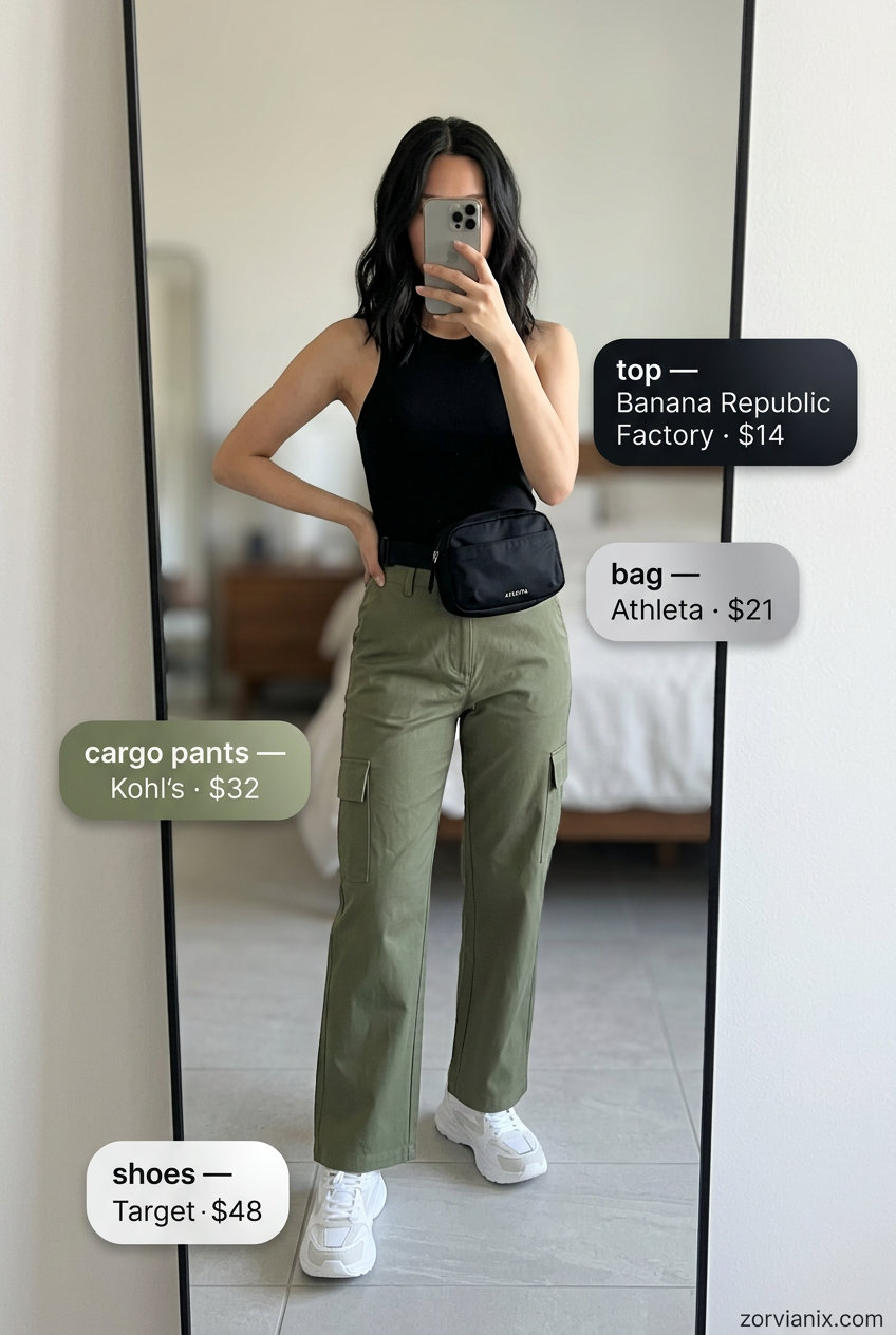 Sporty chic summer outfits for women 2026: Olive cargo pants, fitted tank, sneakers, and baseball cap.
