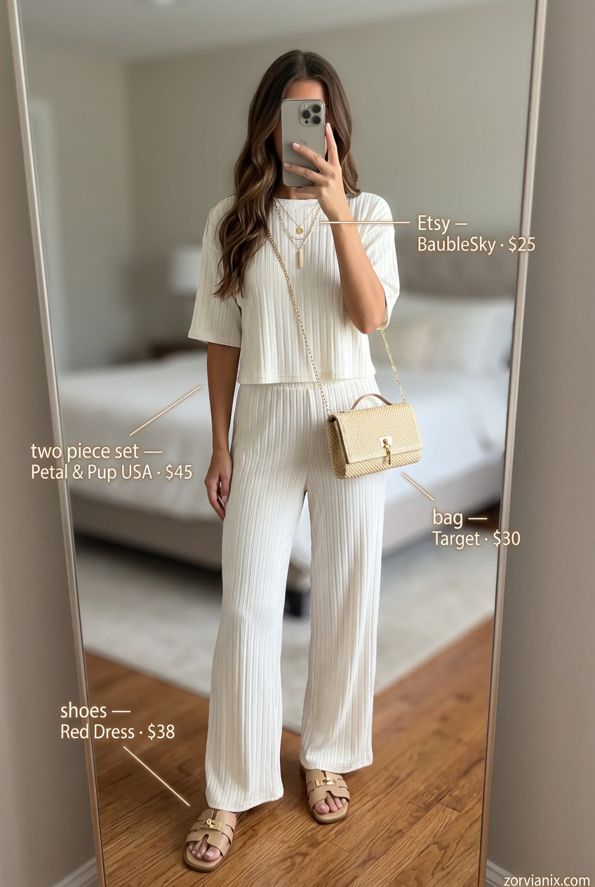 Sporty chic summer outfits for women 2026: Cream knit set, slide sandals, and straw bag for relaxed vibes.