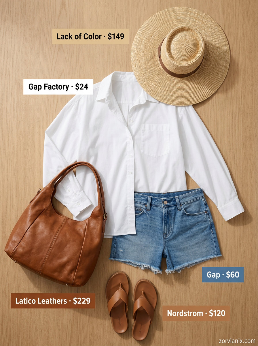 Sporty chic summer outfits for women 2026: White button-down, denim shorts, straw hat & leather sandals.