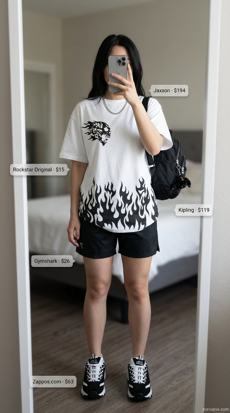 Sporty chic summer outfits for women 2026: Black running shorts, oversized graphic tee, and athletic sneakers.