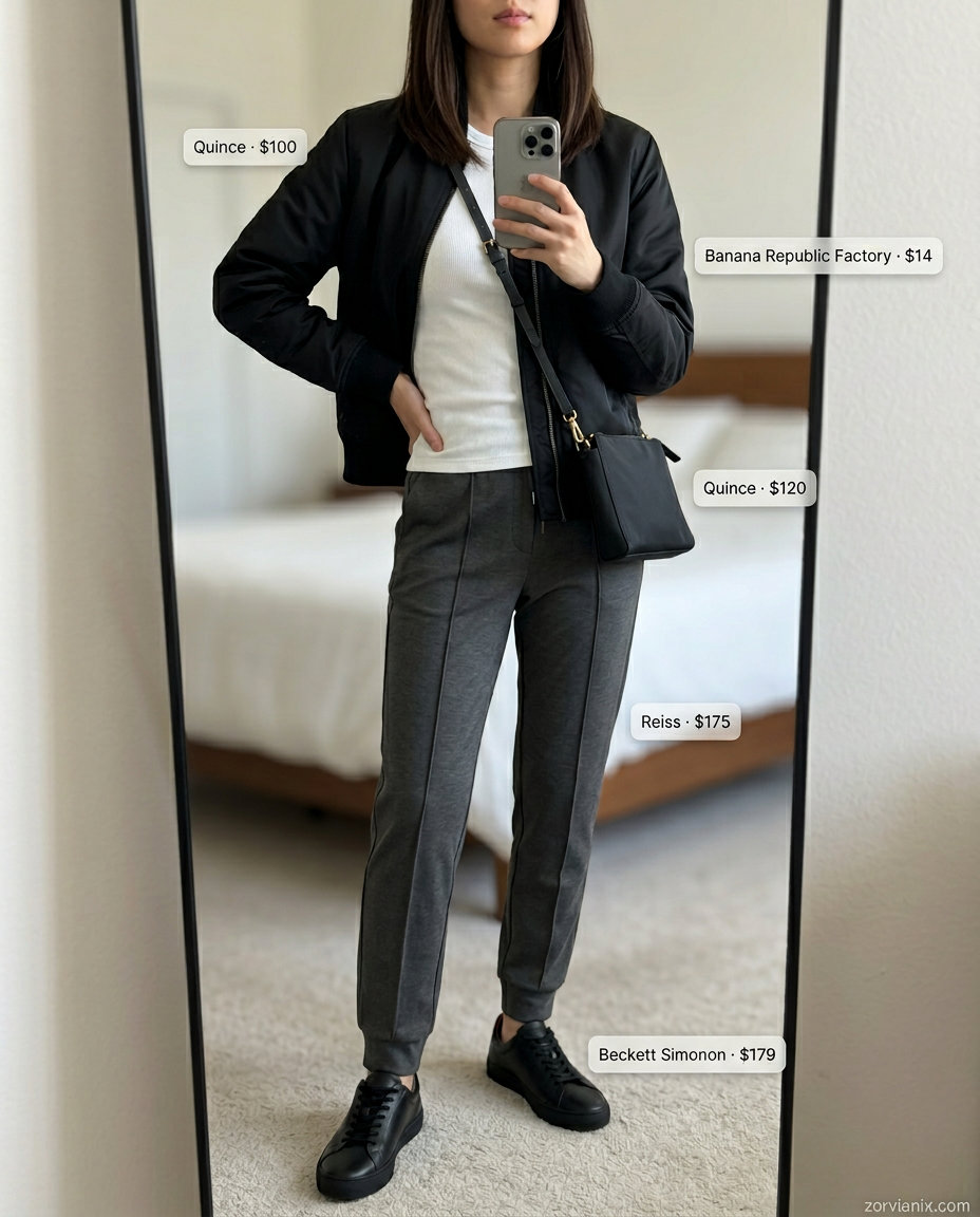 Sporty chic summer outfits for women 2026: Charcoal joggers, white tank, black bomber jacket & leather sneakers.