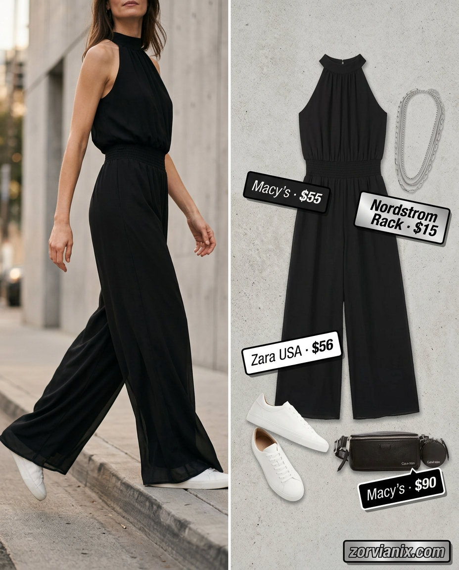 Sporty chic summer outfits for women 2026: Black wide-leg jumpsuit, white sneakers, silver necklace & belt bag.