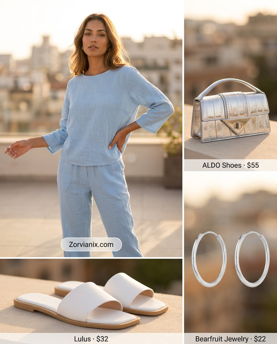 Sporty chic summer outfits for women 2026: Light blue knit set, white sandals, silver earrings & top-handle bag.