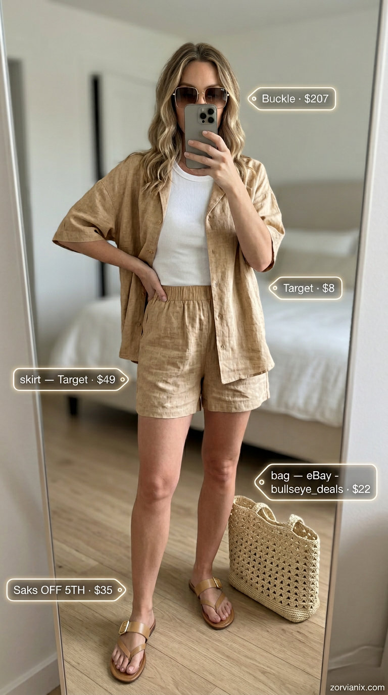 Sporty chic summer outfits for women 2026: Linen shorts set, white tank, gold sunglasses & straw tote.