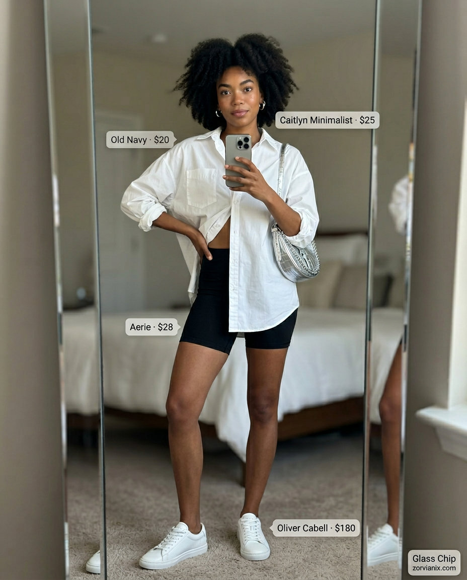 Sporty chic summer outfits for women 2026: Black biker shorts, white button-down, white sneakers & silver bag.