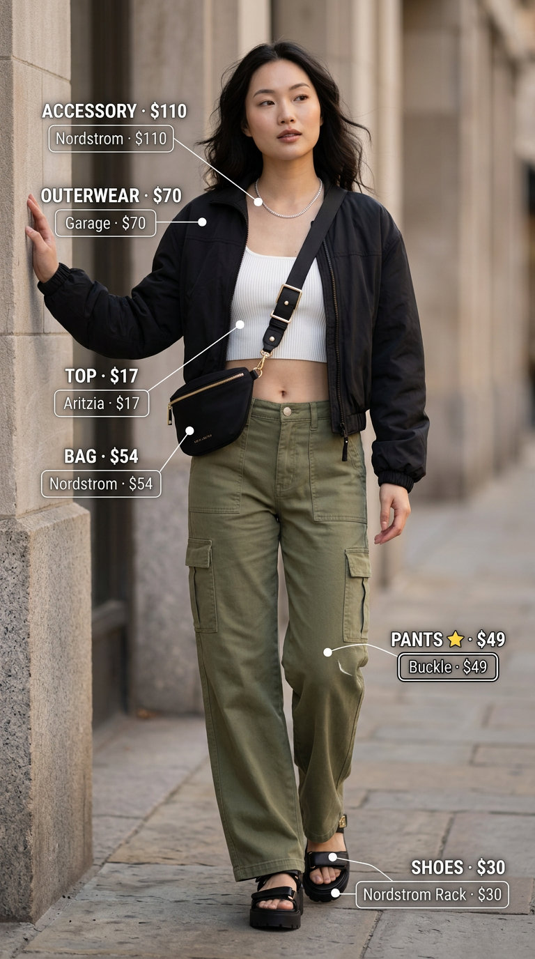 Sporty chic summer outfit for women 2026: Olive green cargo pants, white crop top, black bomber jacket & chunky sandals.